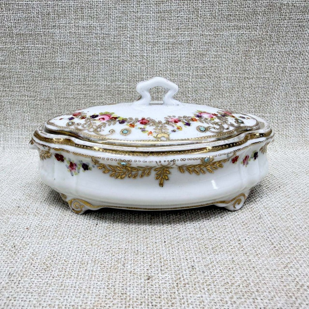 Vintage Mikato China Hand Painted Trinket Box Footed Porcelain Gold Floral Japan